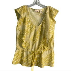 DKNY women's yellow and white flooral ruffle sleeves top size L